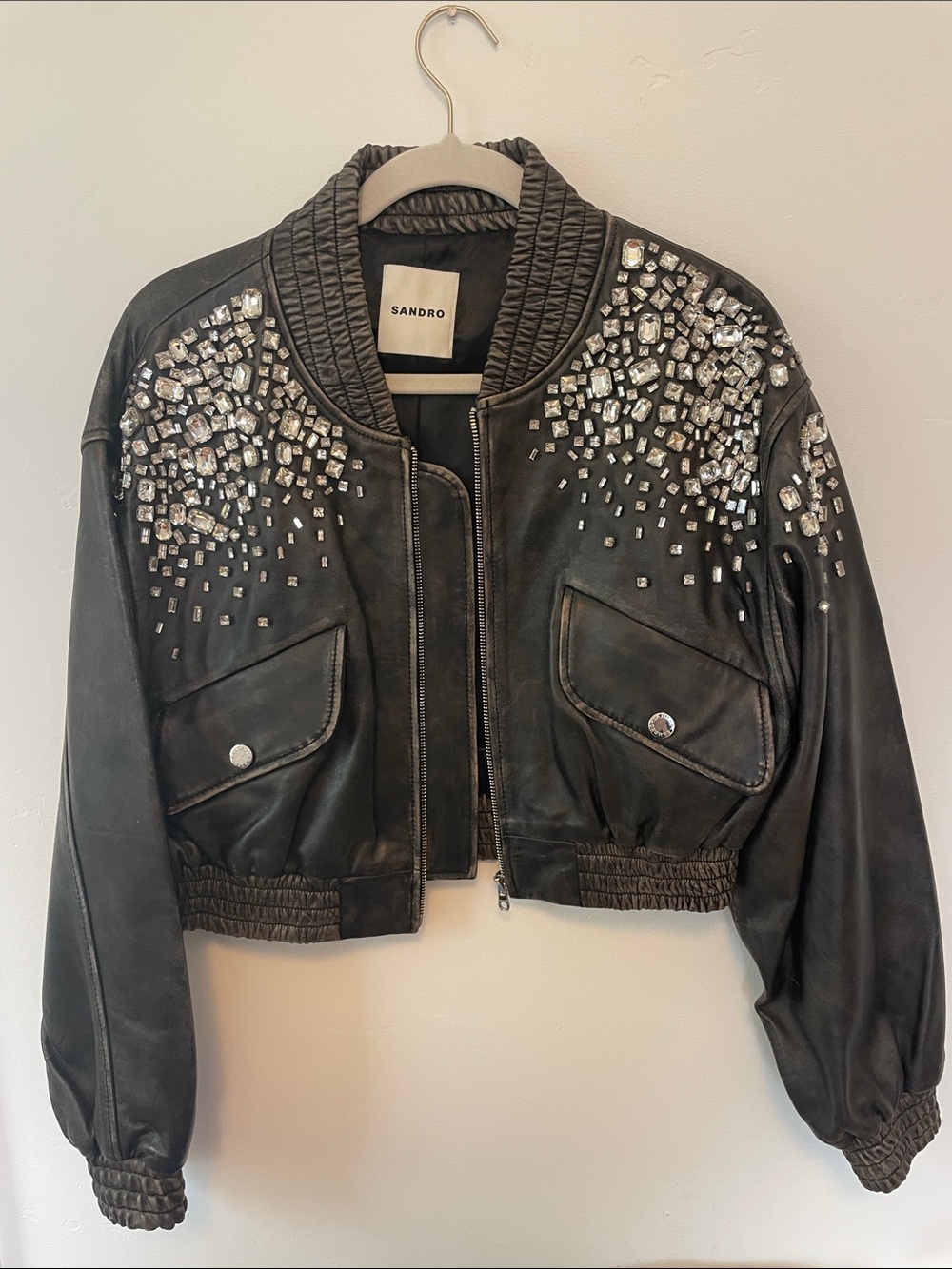 Sandro Black Studded Leather Bomber Jacket